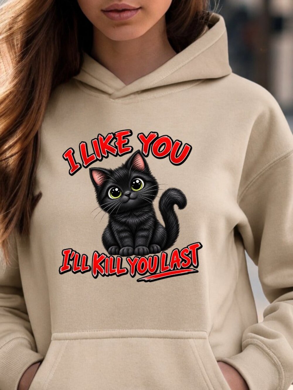 Black Cat HOODIE Graphic Sweatshirt Sarcastic I Like You I'll Kill You Last